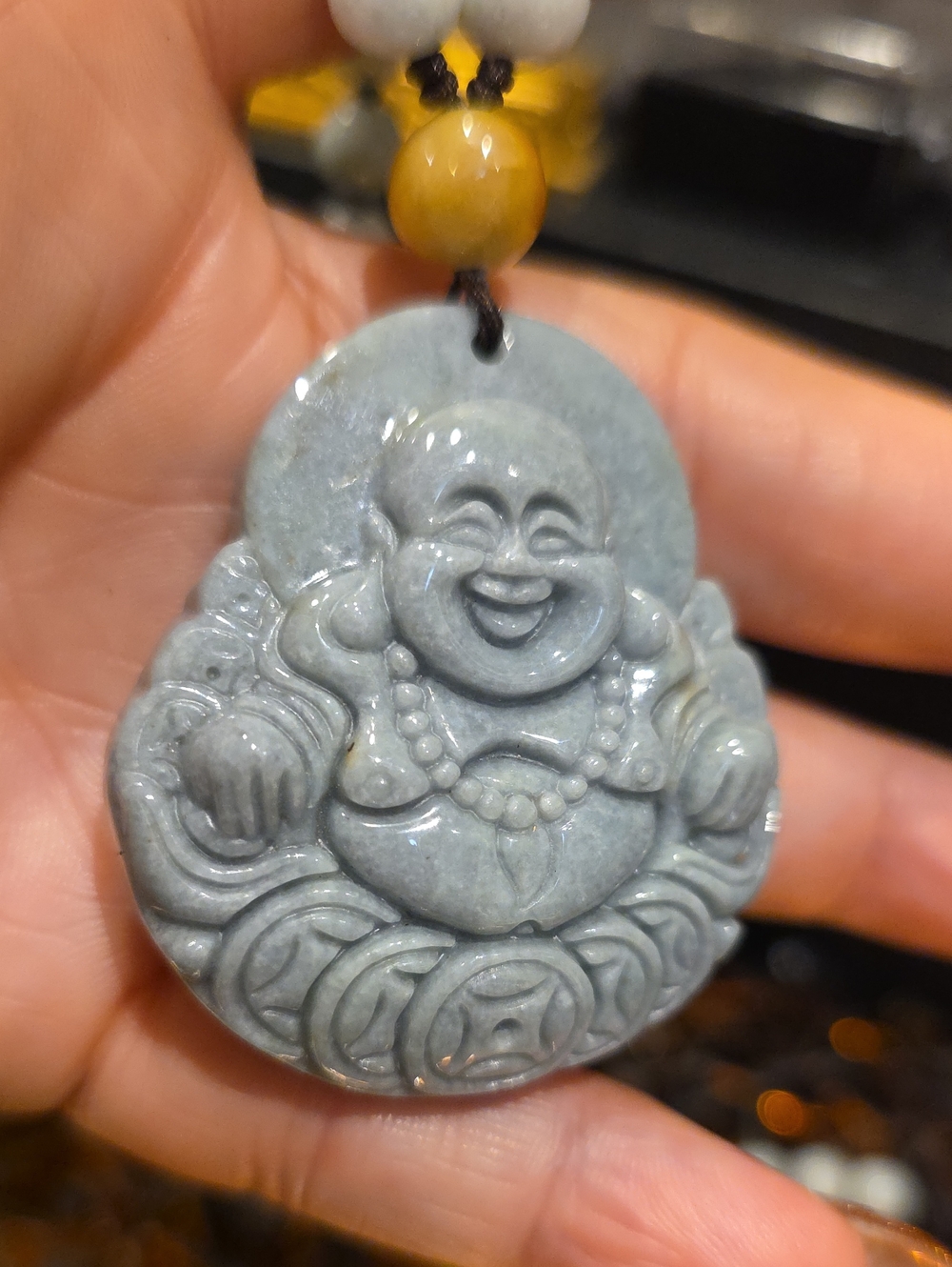 Gray Jade Laughing Buddha Pendant Necklace with Yellow Bead Accent